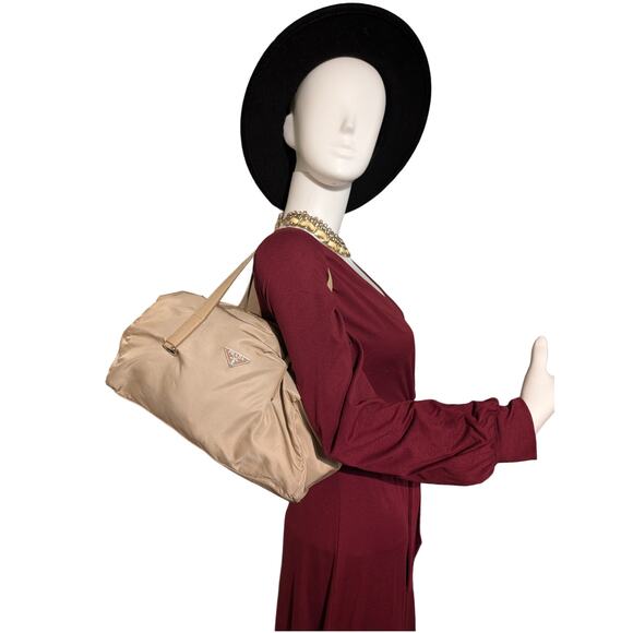 AUTH PRADA Nylon Tessuto Leather Top Handles Bag Beige Exterior side Pocket - Picture 7 of 7